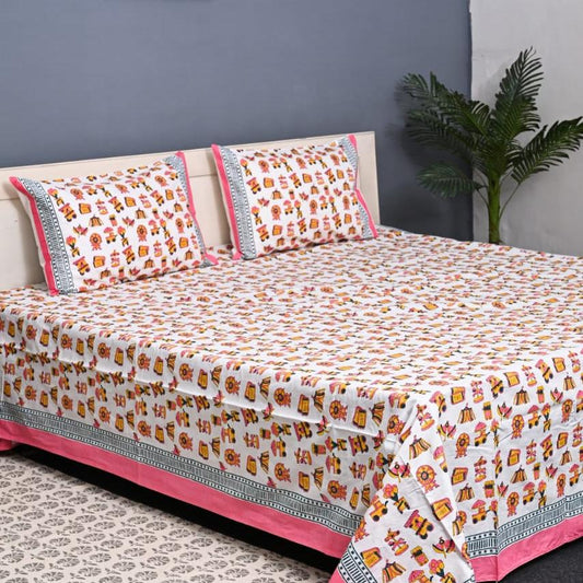 Premium Hand Block Printed Cotton Bedsheet Set - Cream