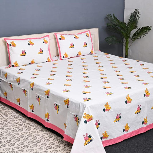 Premium Hand Block Printed Cotton Bedsheet Set - Aqua -Cream