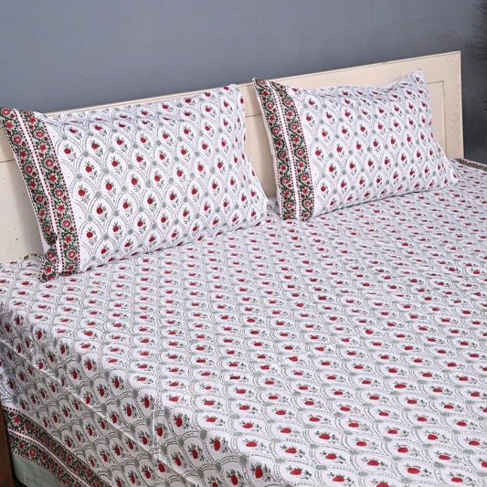 Premium Hand Block Printed Cotton Bedsheet Set - White-Pattern