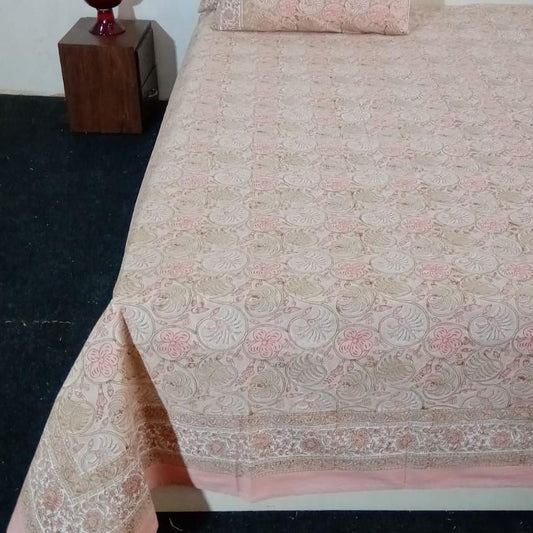 Premium Hand Block Printed Cotton Bedsheet Set - Cream-blurrish