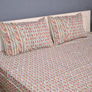 Premium Hand Block Printed Cotton Bedsheet Set - Red-Cream