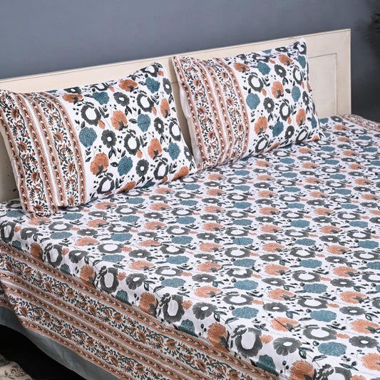 Premium Hand Block Printed Cotton Bedsheet Set - Red-Blue