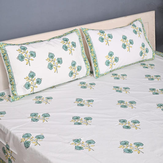 Premium Hand Block Printed Cotton Bedsheet Set - Cream-Flower