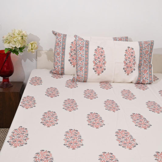 Premium Hand Block Printed Cotton Bedsheet Set - Cream Red