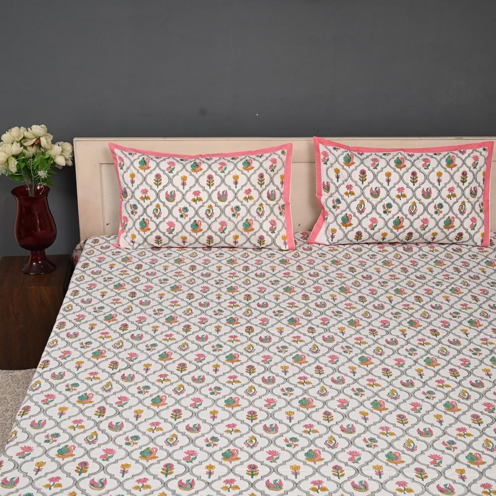 Premium Hand Block Printed Cotton Bedsheet Set - Premium-Floral