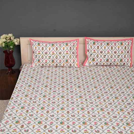Premium Hand Block Printed Cotton Bedsheet Set - Premium-Floral